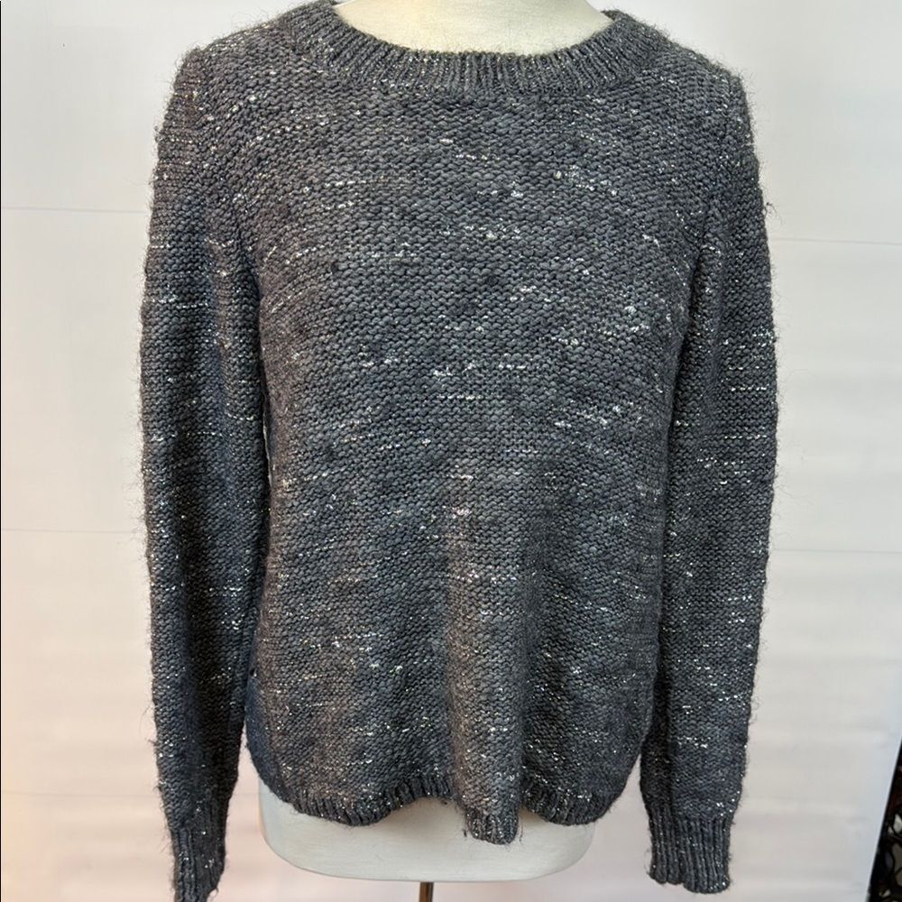 Banana Republic split back gray sweater with silver metallic thread accents, M